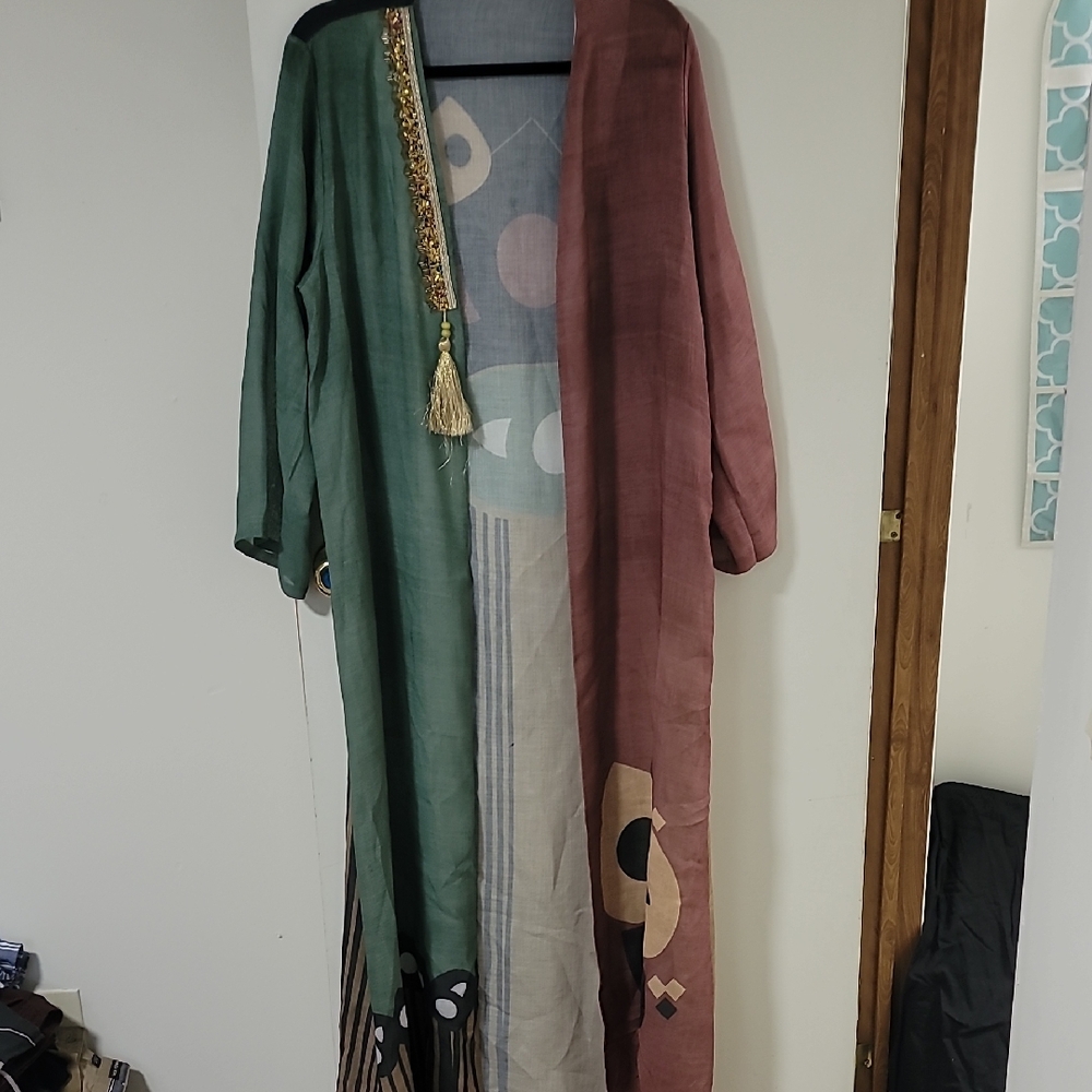 Women’s Long Open Front Colorblock Duster Jacket - Green & Mauve